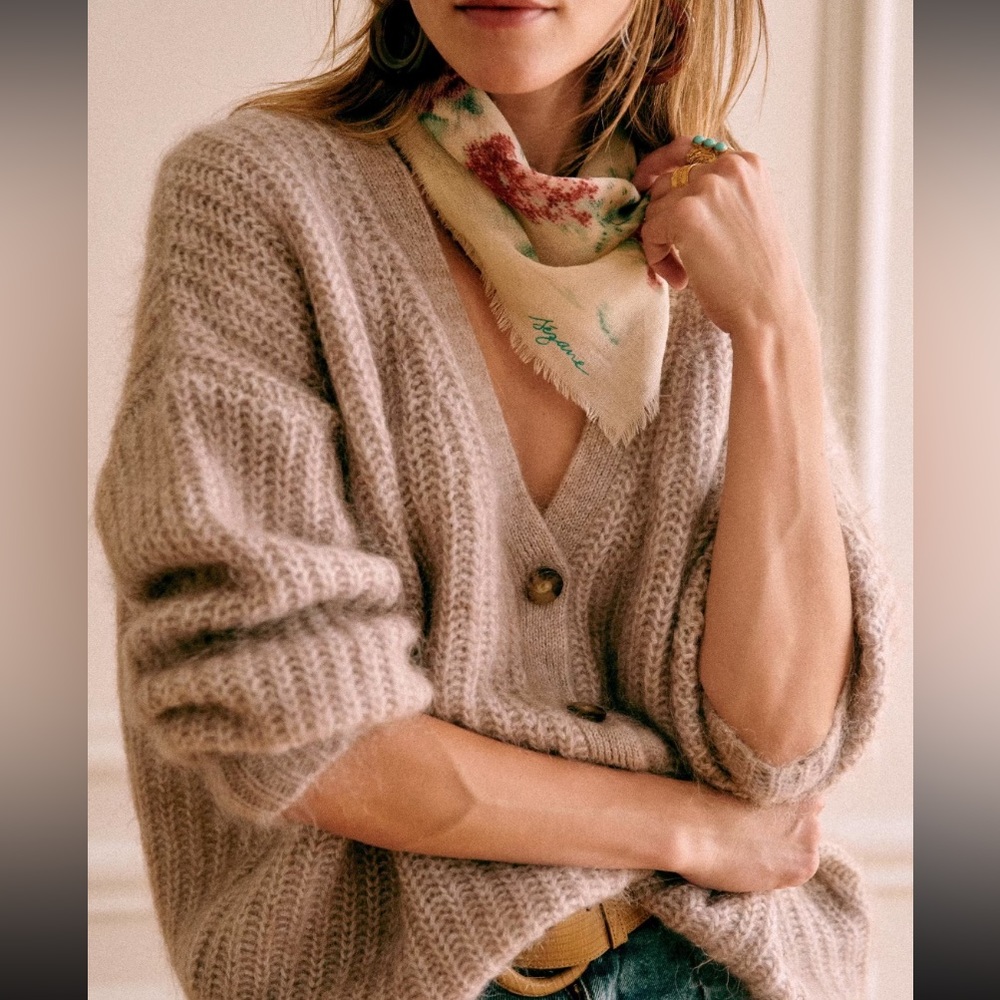 Sezane Cream Knit V-Neck Button Cardigan